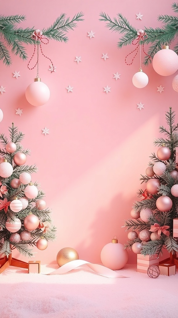 Pink Christmas 3D wallpaper with festive designs of trees and ornaments.